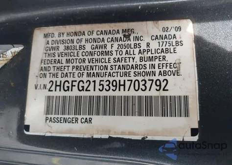 2009 Honda Civic Si from USA, damaged, VIN 2HGFG21539H703792